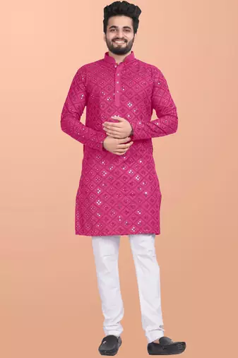Pink cotton mirror work straight men's kurta pyjama