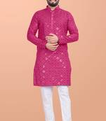 Pink cotton mirror work straight men's kurta pyjama