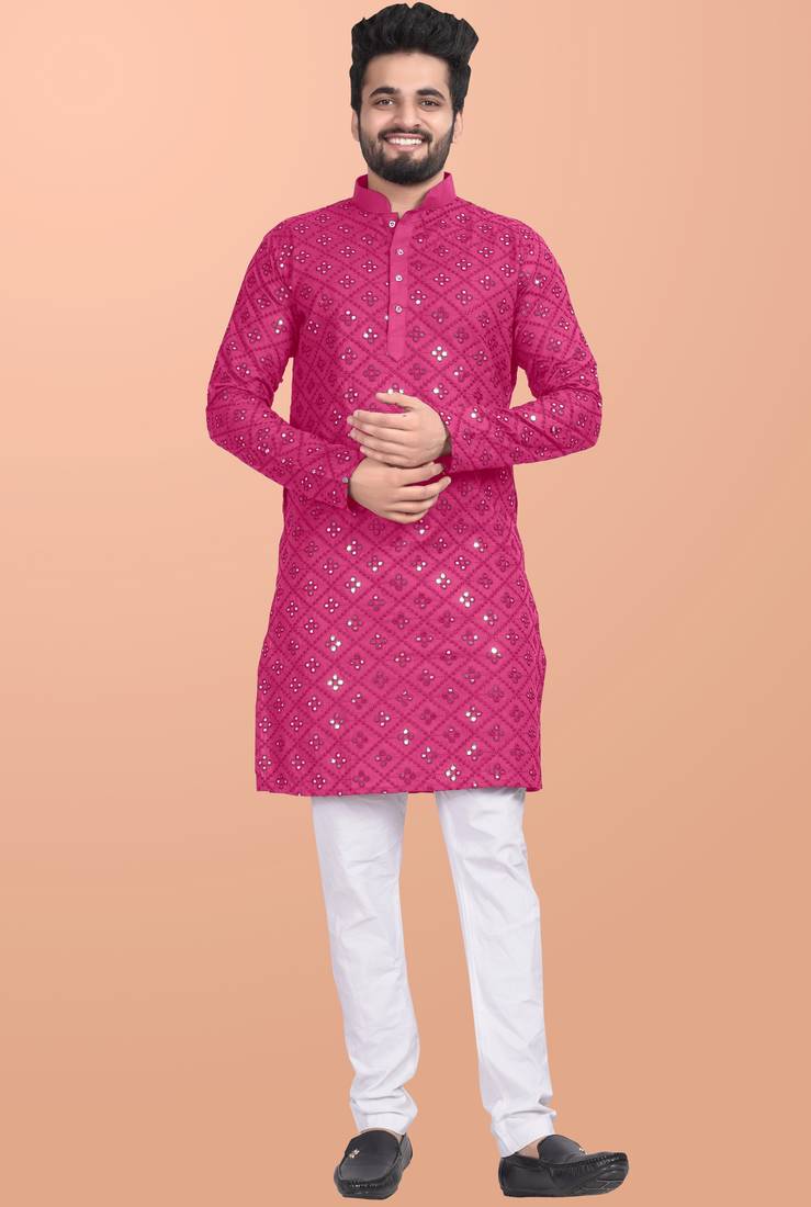 Pink cotton mirror work straight men's kurta pyjama