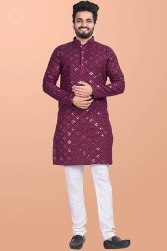 Maroon cotton mirror work straight men's kurta pyjama