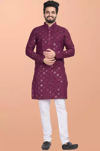 Maroon cotton mirror work straight men's kurta pyjama