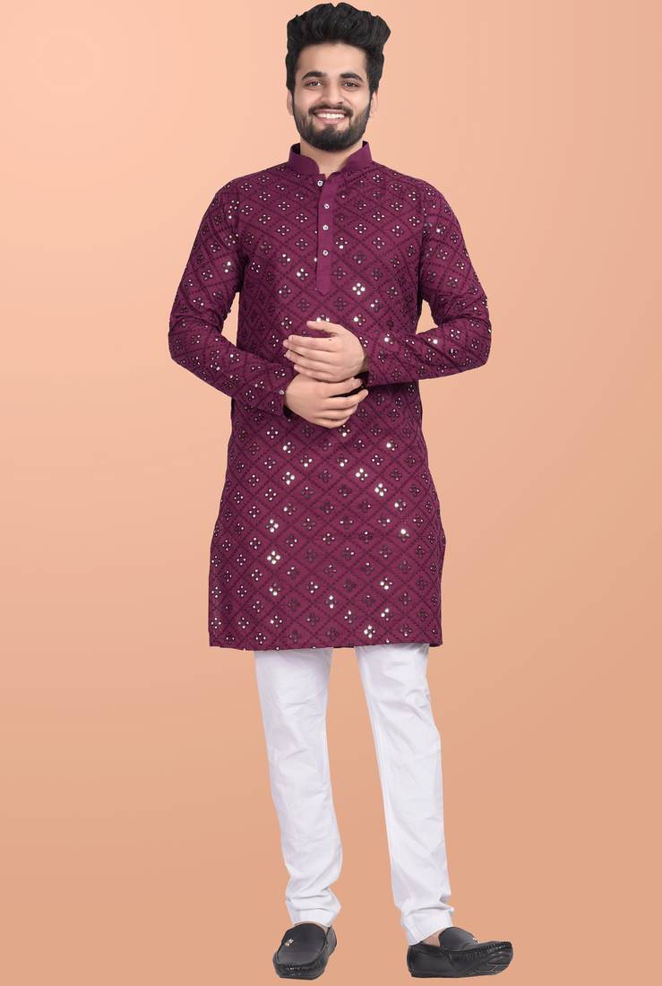 Maroon cotton mirror work straight men's kurta pyjama