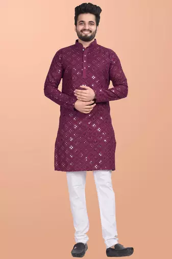 Maroon cotton mirror work straight men's kurta pyjama
