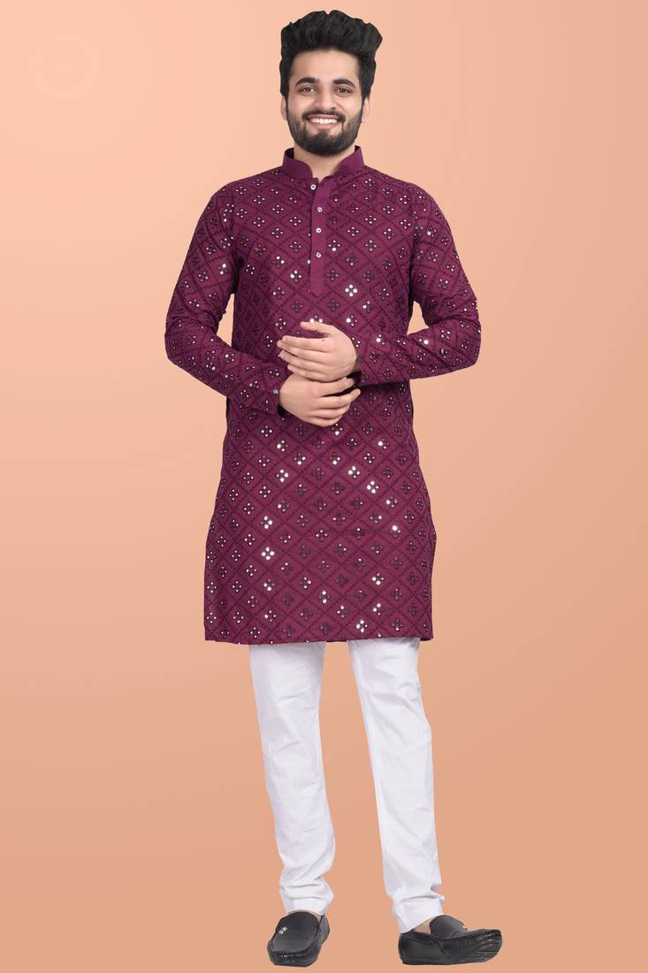 Maroon cotton mirror work straight men's kurta pyjama