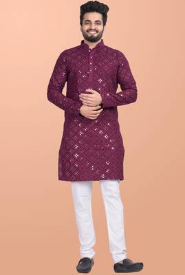 Maroon cotton mirror work straight men's kurta pyjama 4