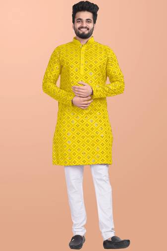 Yellow cotton mirror work straight men's kurta pyjama