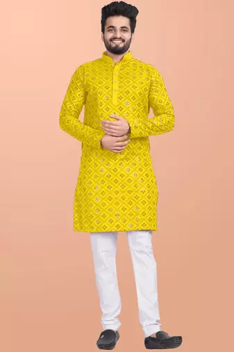 Yellow cotton mirror work straight men's kurta pyjama