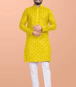 Yellow cotton mirror work straight men's kurta pyjama