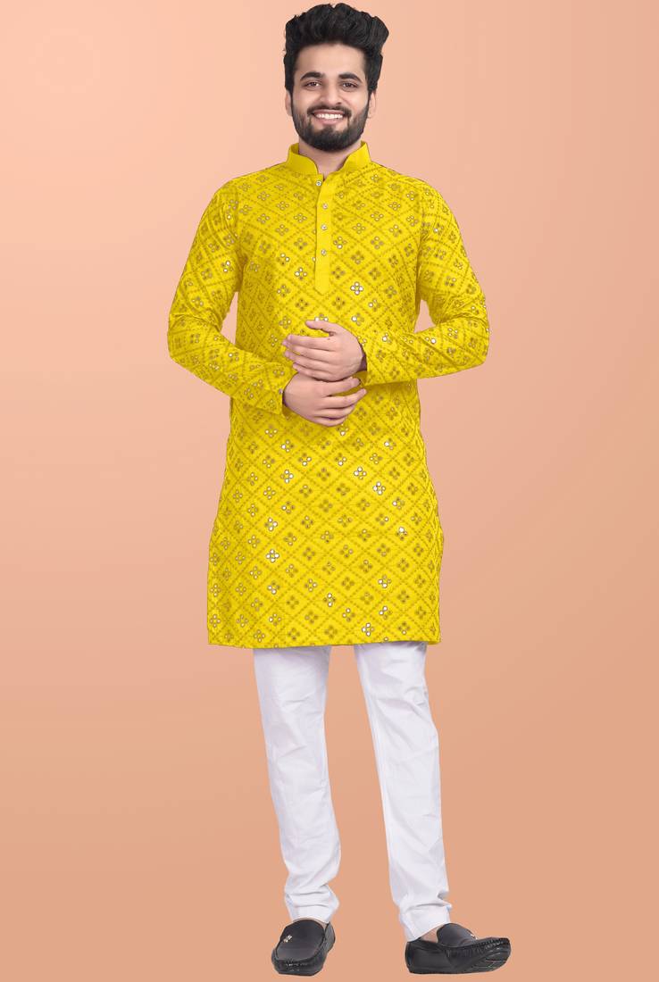 Yellow cotton mirror work straight men's kurta pyjama