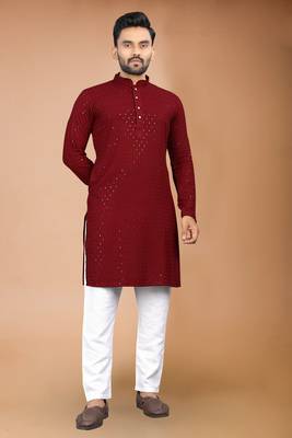 Maroon cotton schiffili work straight men's kurta pyjama 1