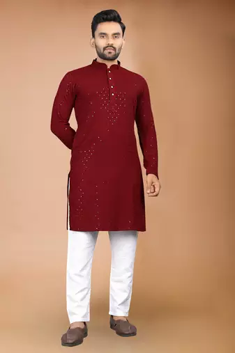Maroon cotton schiffili work straight men's kurta pyjama