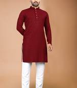 Maroon cotton schiffili work straight men's kurta pyjama