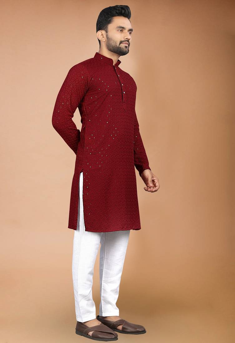 Maroon cotton schiffili work straight men's kurta pyjama