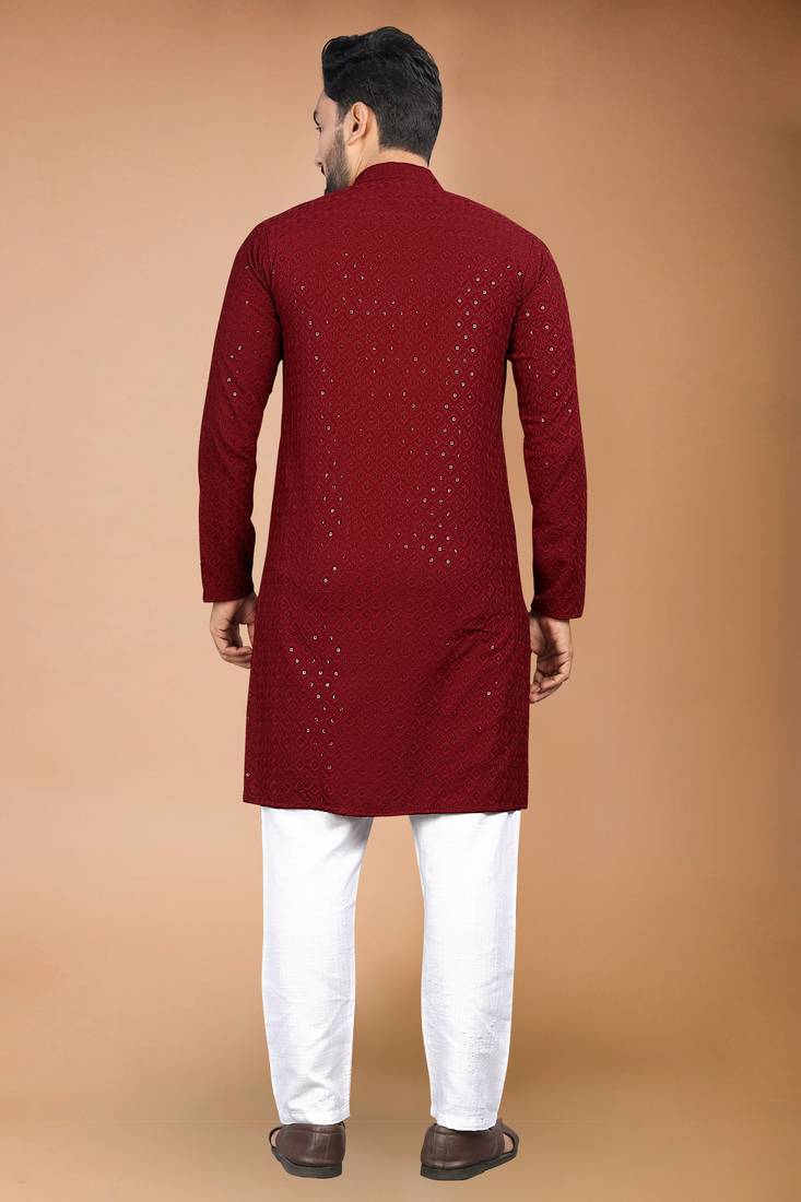 Maroon cotton schiffili work straight men's kurta pyjama