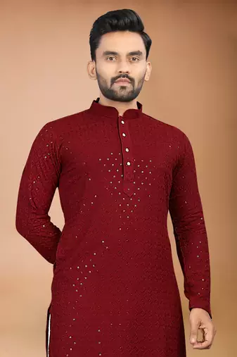 Maroon cotton schiffili work straight men's kurta pyjama