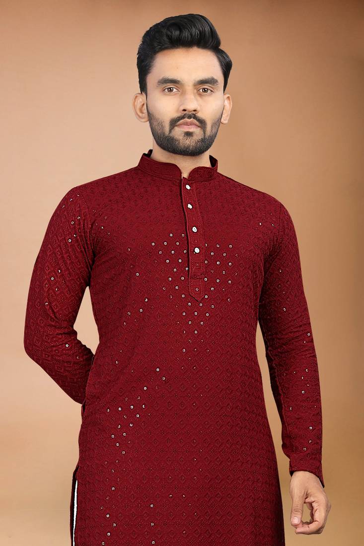 Maroon cotton schiffili work straight men's kurta pyjama
