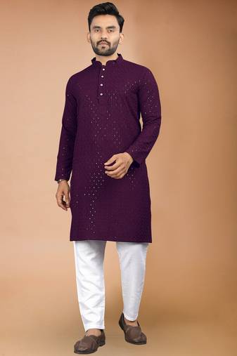 Wine cotton schiffili work straight men's kurta pyjama