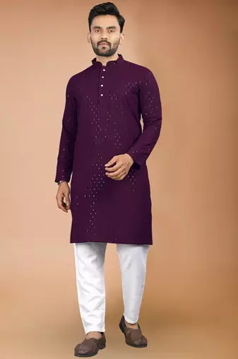 Wine cotton schiffili work straight men's kurta pyjama
