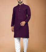 Wine cotton schiffili work straight men's kurta pyjama