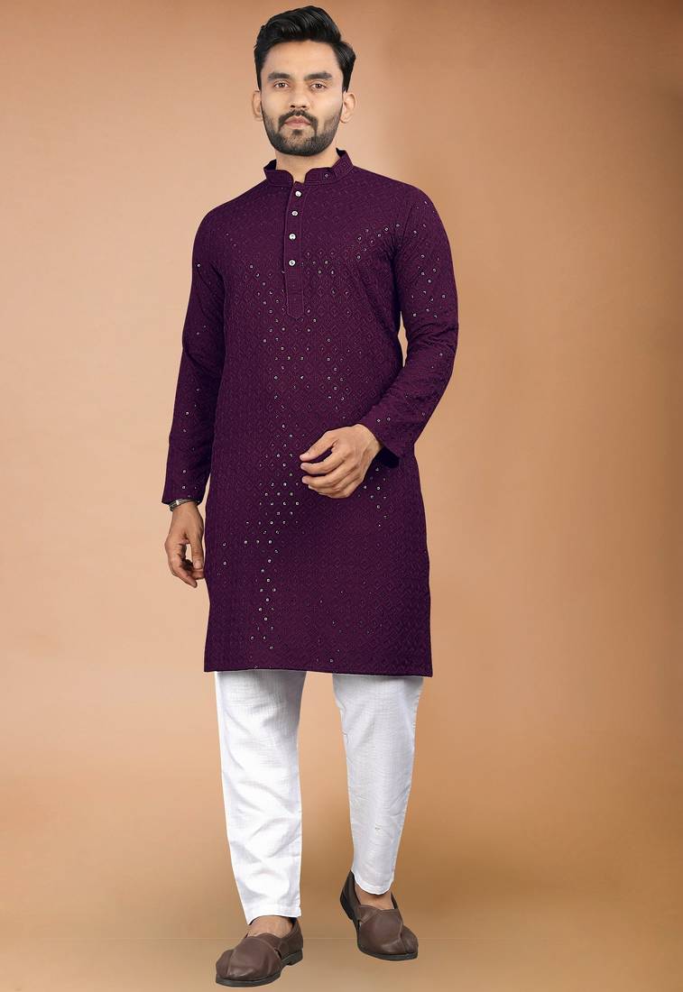 Wine cotton schiffili work straight men's kurta pyjama