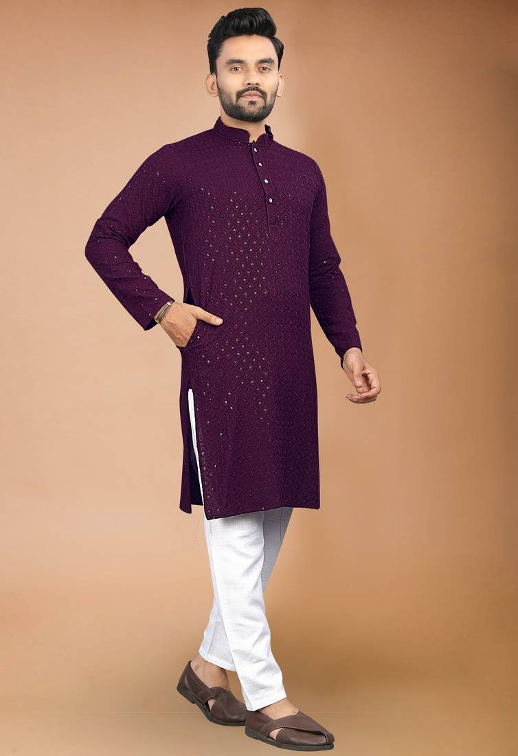 Wine cotton schiffili work straight men's kurta pyjama