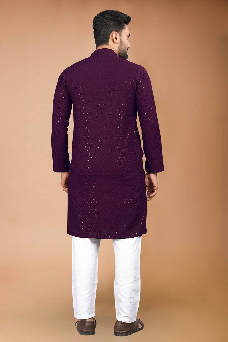 Wine cotton schiffili work straight men's kurta pyjama