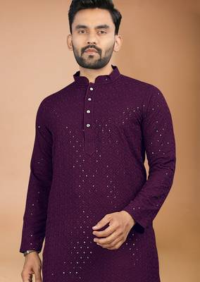 Wine cotton schiffili work straight men's kurta pyjama 4