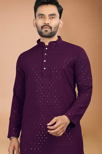 Wine cotton schiffili work straight men's kurta pyjama