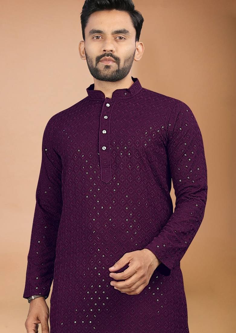 Wine cotton schiffili work straight men's kurta pyjama