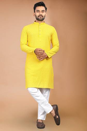 Yellow cotton schiffili work straight men's kurta pyjama