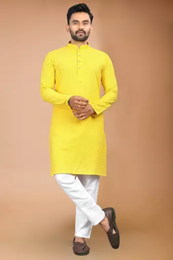 Yellow cotton schiffili work straight men's kurta pyjama