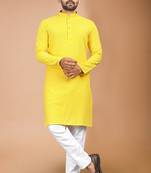 Yellow cotton schiffili work straight men's kurta pyjama