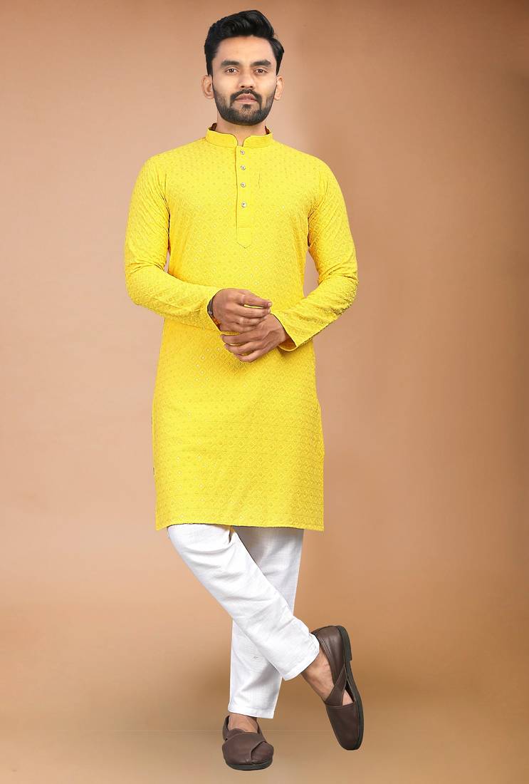 Yellow cotton schiffili work straight men's kurta pyjama