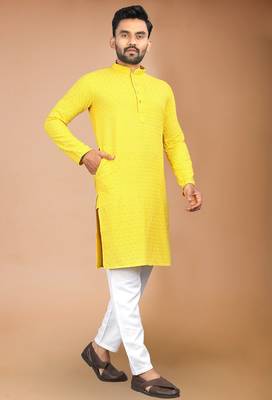 Yellow cotton schiffili work straight men's kurta pyjama 2