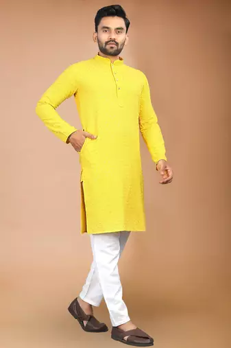 Yellow cotton schiffili work straight men's kurta pyjama