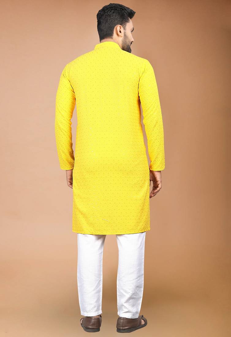 Yellow cotton schiffili work straight men's kurta pyjama