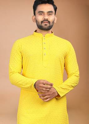 Yellow cotton schiffili work straight men's kurta pyjama 4