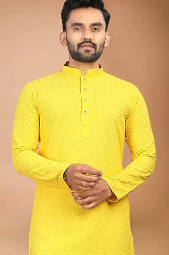 Yellow cotton schiffili work straight men's kurta pyjama