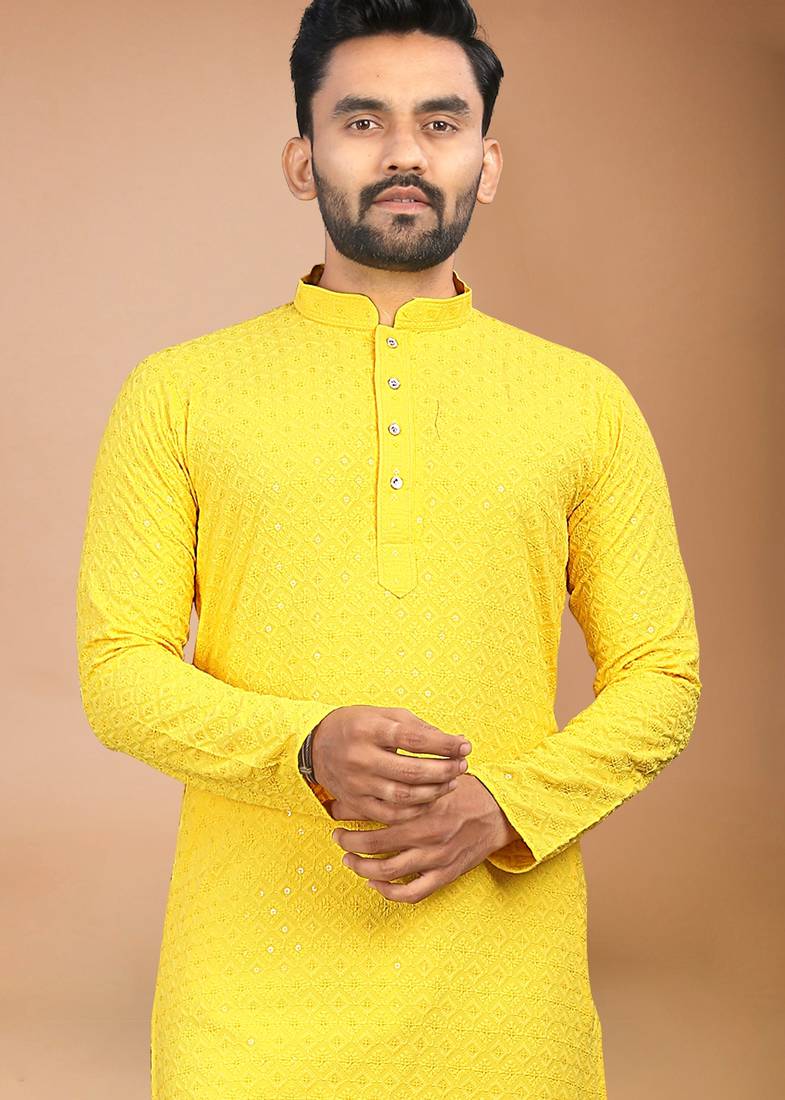 Yellow cotton schiffili work straight men's kurta pyjama
