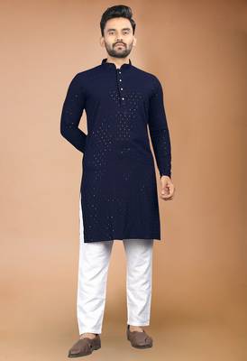 Blue cotton schiffili work straight men's kurta pyjama 1