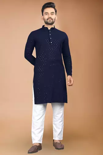 Blue cotton schiffili work straight men's kurta pyjama