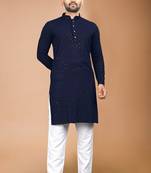 Blue cotton schiffili work straight men's kurta pyjama