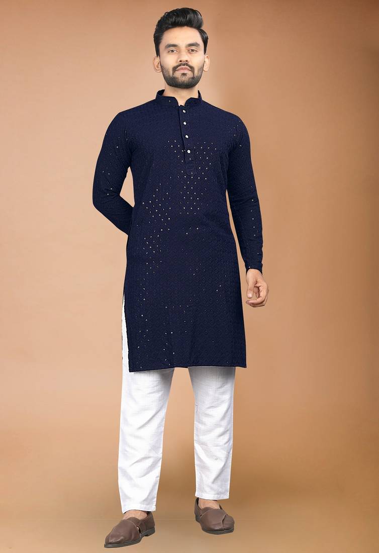 Blue cotton schiffili work straight men's kurta pyjama