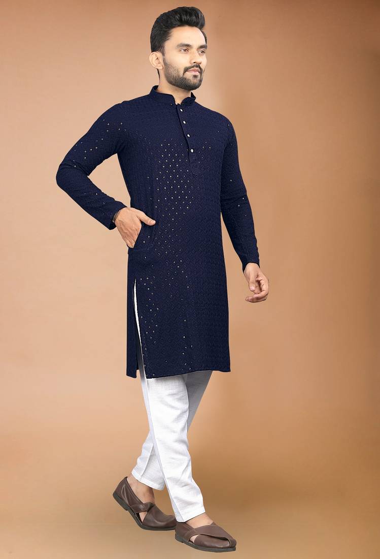Blue cotton schiffili work straight men's kurta pyjama