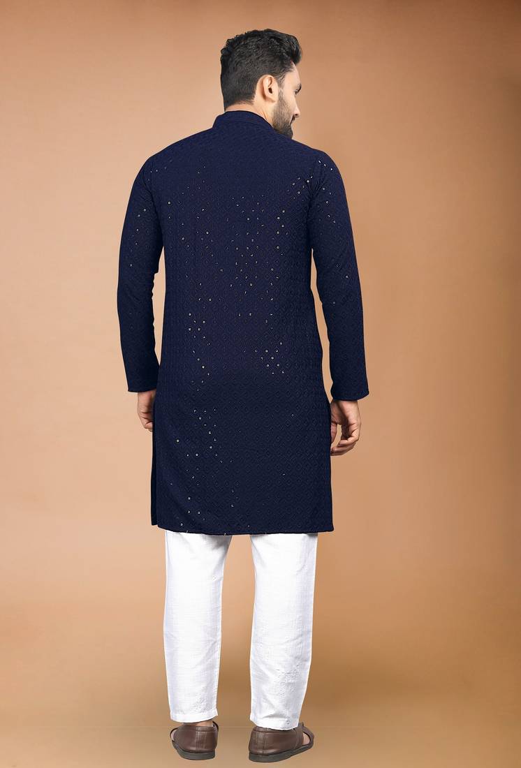 Blue cotton schiffili work straight men's kurta pyjama