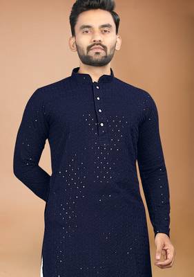 Blue cotton schiffili work straight men's kurta pyjama 4