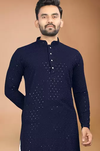 Blue cotton schiffili work straight men's kurta pyjama