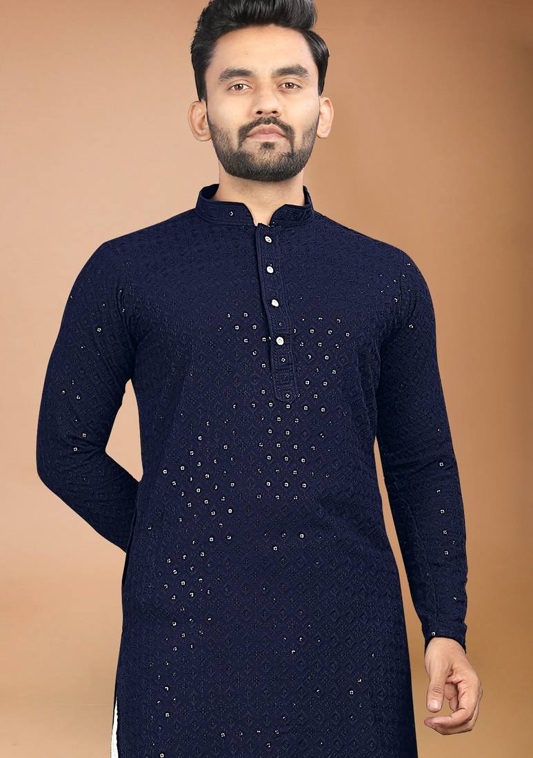Blue cotton schiffili work straight men's kurta pyjama