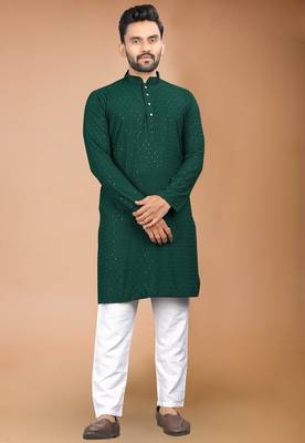 Green cotton schiffili work straight men's kurta pyjama 1