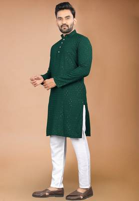 Green cotton schiffili work straight men's kurta pyjama 2